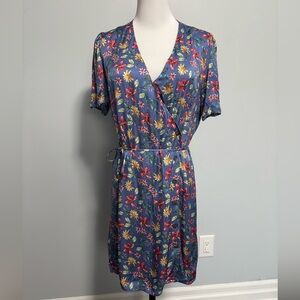 Zara Floral Wrap Dress in Blue with Pink & Yellow Blooms